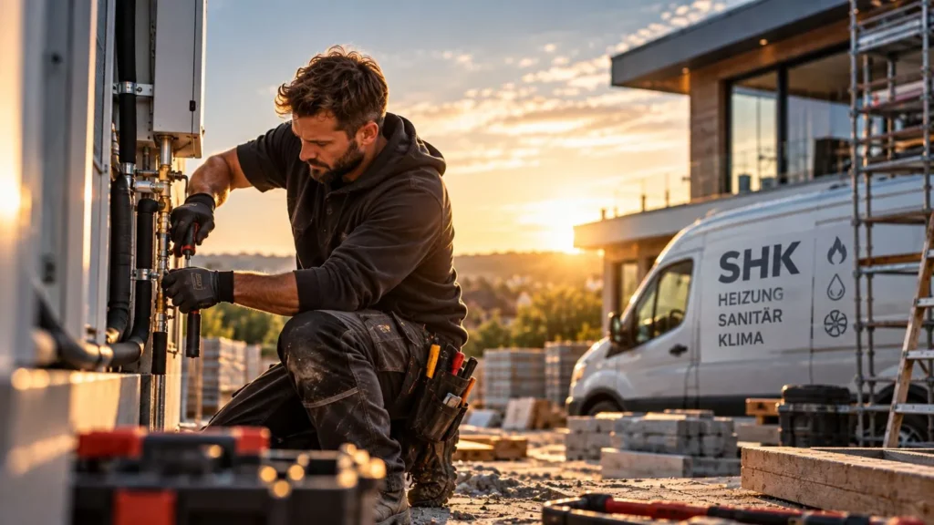 SHK-Handwerker bei der Arbeit auf einer Baustelle