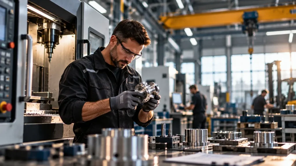 Mitarbeiter in einer modernen industriellen CNC-Fertigung